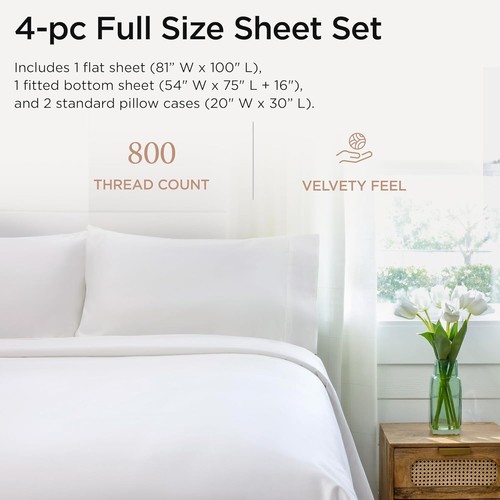 Luxury 800 Thread Count Full-Size Cotton Sateen Sheets - Hotel White Elegance - Picture 4 of 10