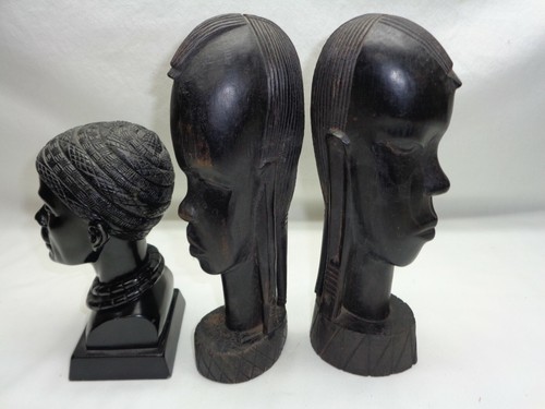 VTG 2 KENYA WOOD AFRICAN TRIBAL CARVED SCULPTURES + 1 BUST HEAD FIGURE ART - Picture 11 of 12