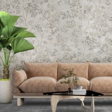 Cream Gray - tan brass faux fabric floral branches leaves textured wallpaper 3D