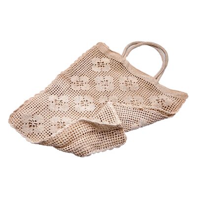 Vintage Crochet Bag Handbag Floral Decor Handmade Beige | 28 x 30 cm