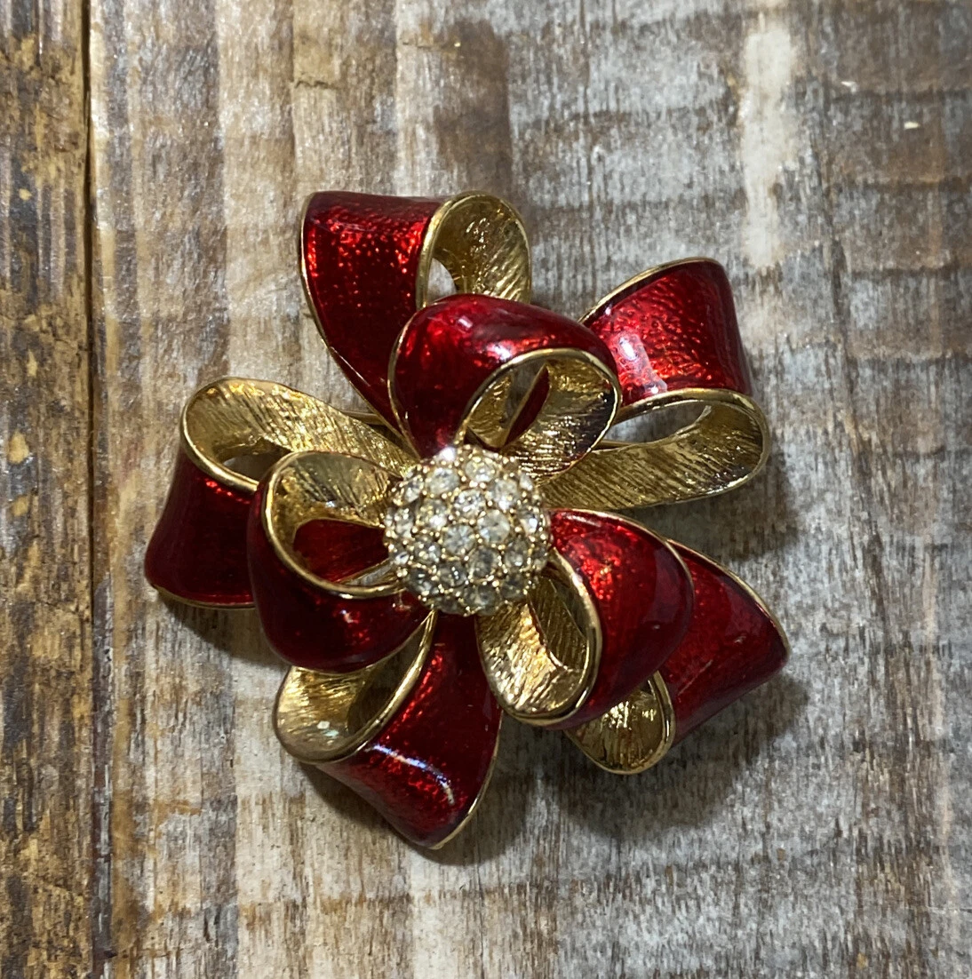 Vintage Roman Gold Tone Rhinestone and Red Enamel Ribbon Bow Brooch Pin