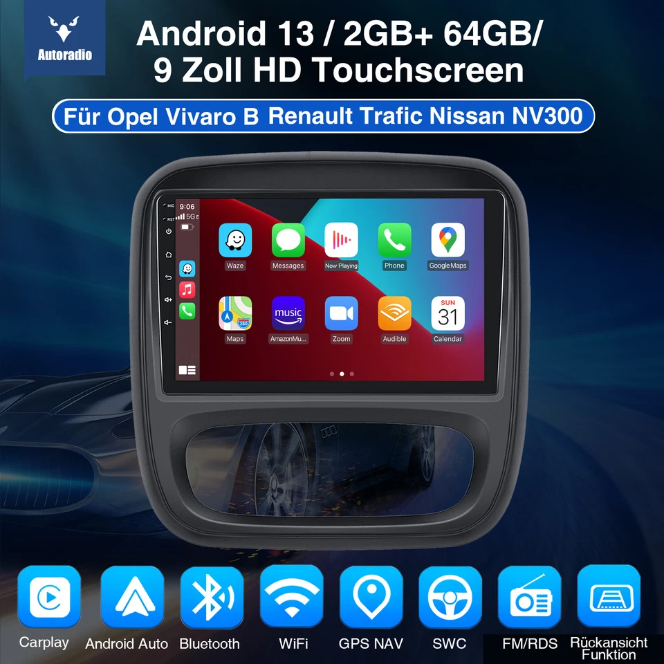 DAB+ CarPlay Autoradio Android 13 64G Navi Kamera Für Opel Vivaro B Fiat Talento - Bild 2 von 4