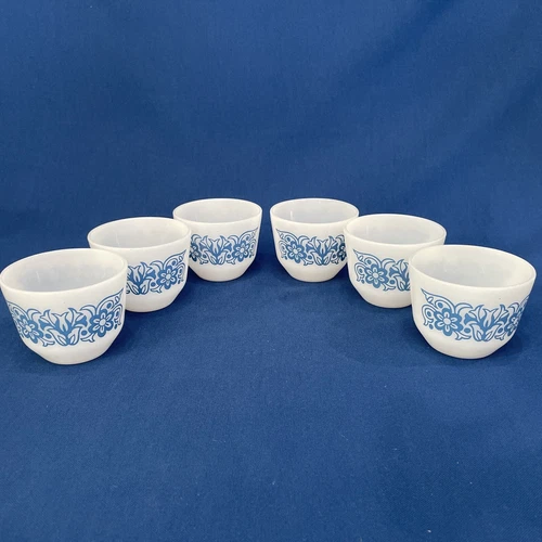 Vtg S/6 Federal Milk Glass 6 Blue And White Custard Cups Small Bowls Dish Tulips