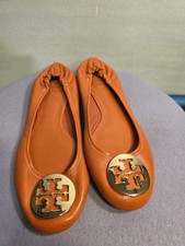 Tory Burch Reva Orange Leather Ballet Flats Gold Logo Medallion Women's Size 8.5