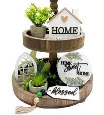 6 Pieces Farmhouse Tiered Tray Decor Beautiful Sweet Home Wood Sign Artificia...
