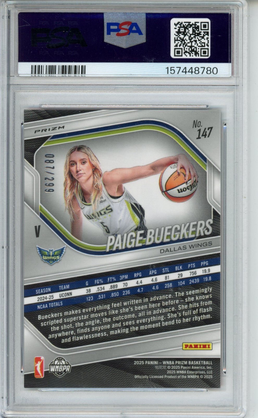 2025 Panini Prizm WNBA Paige Bueckers Red Prizm /199 #147 PSA 9 RC Mint Wingss view 2