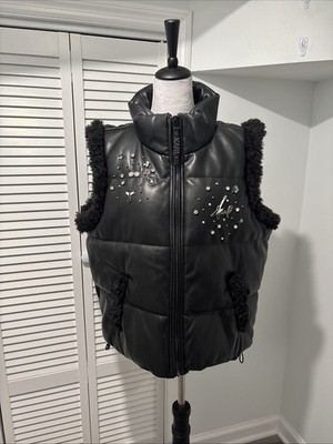 KARL LAGERFELD PARIS Faux-Leather Embellished Puffer Vest Black Sz XL MSRP $149