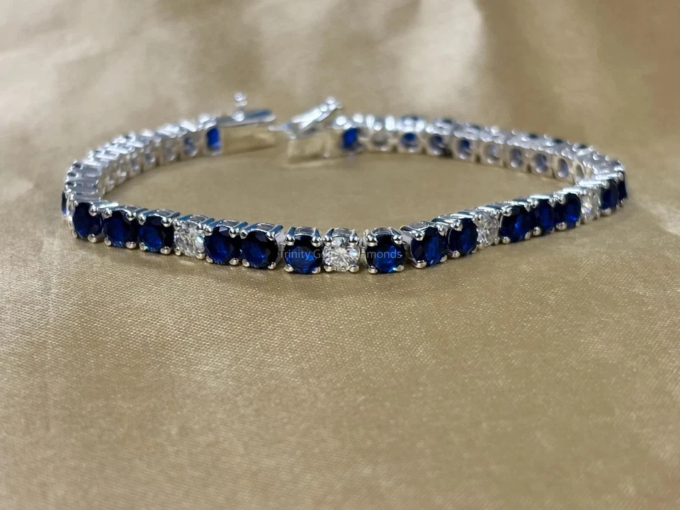 Brazalete tenis diamante zafiro natural redondo de 12,00 quilates oro blanco de 14 quilates 7 pulgadas Foto 2 de 4