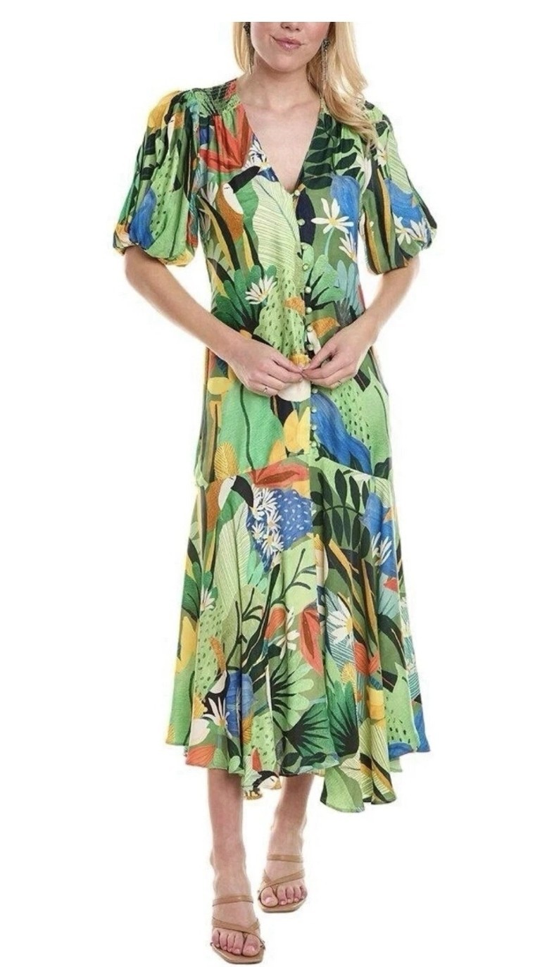 Farm Rio Dress Vintage Toucans Multicoloured Midi Dress, Size Small rrp €250.