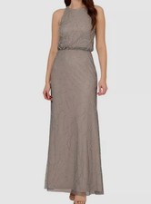 Adrianna Papell Women's Grey Deco Floral Beaded Blouson Halter Gown Dress Size 4