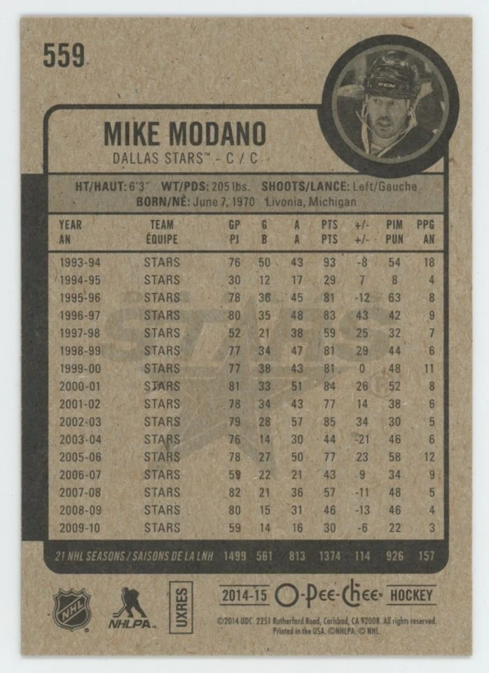 2014-15 O-PEE-CHEE Mike Modano #559 MARQUEE LEGEND RED BORDER - Image 2 of 2