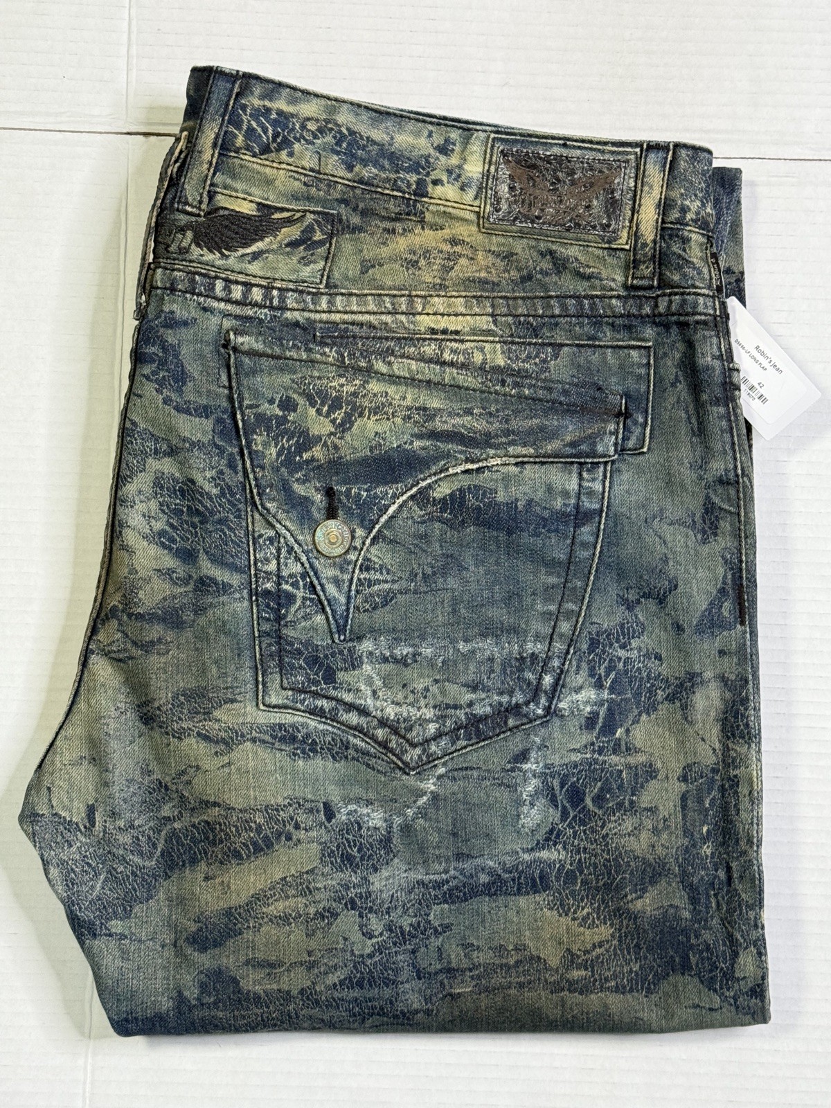 New Men’s Robin’s Jean SZ 42 Style #D5696-LF LONG FLAP Blue Camo Wash