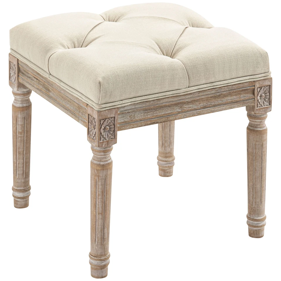 Ottoman Bench Vintage Footrest w/ Button Tufted Seat, Carved Wooden Legs, Beige - Image 4 of 4