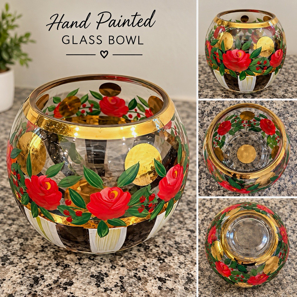 Unmarked Hand Painted Art Glass Floral Decorative Bowl Round Gold Trim ...