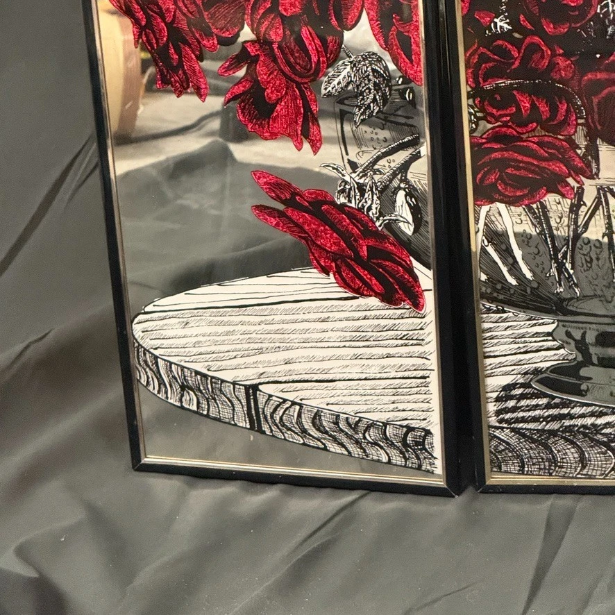Vintage Etched Mirror Wall Art 3 Panel Red Velvet Roses Triptych