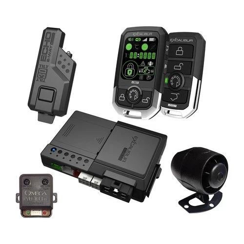 Black EXCALIBUR AL-2085-3DB 2-way car alarm remote start with LCD key and matching box.