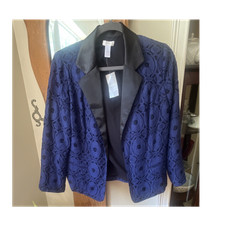 Chico's Women's Blue Black Floral Collared Open Front Short Blazer Jacket 1