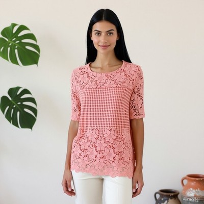 MARKS AND SPENCER Bluse Koralle Gr. 44 Spitze Tunika Kurzarm Casual