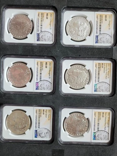2021 $1 Morgan and Peace Silver Dollar 6pc Set NGC MS69 100th Anni. Label