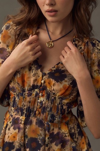 NWOT Anthropologie Gold Violet Floral Blouse Puff Sleeve Defined Waist Peplum XS - Picture 3 of 24