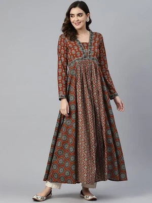 Indian Women Maroon & Multi-Color Cotton Floral Print Anarkali Kurta Long Dress - Image 1 of 4