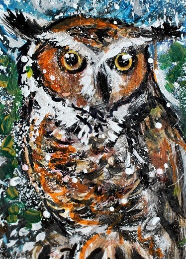 ORIGINAL ACEO PAINTING Great Horned OWL Winter BIRD Snow Animal Nature ATC ART