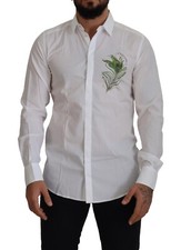 DOLCE & GABBANA Shirt GOLD White Cotton Peacock Feather Formal 41/US16/L 1500usd