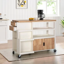 Kitchen Island Trolley Cart Wood Storage Cabinet with Wheels & Rubber Wood Table