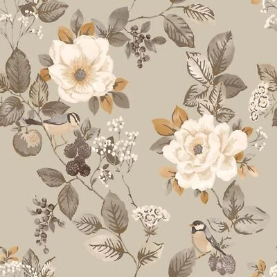 Bramble Papel Pintado Floral Flores Pájaros Hojas Lavable Belgravia Beige 2301 - Imagen 1 de 3
