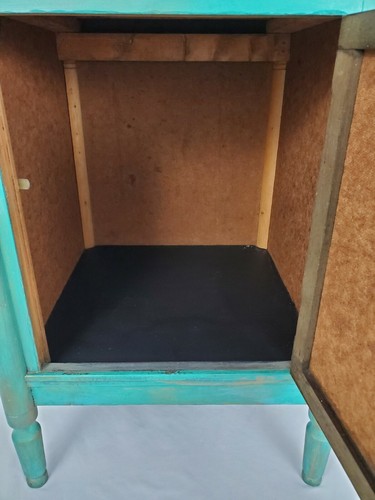 Vintage Glass Top Turquoise Painted Cabinet Worktable Boho Farmhouse Style - Picture 5 of 11