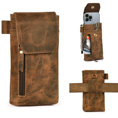 Leather Phone Holster Pouch with Belt Clip, Magnetic Closure, ID Card Holder