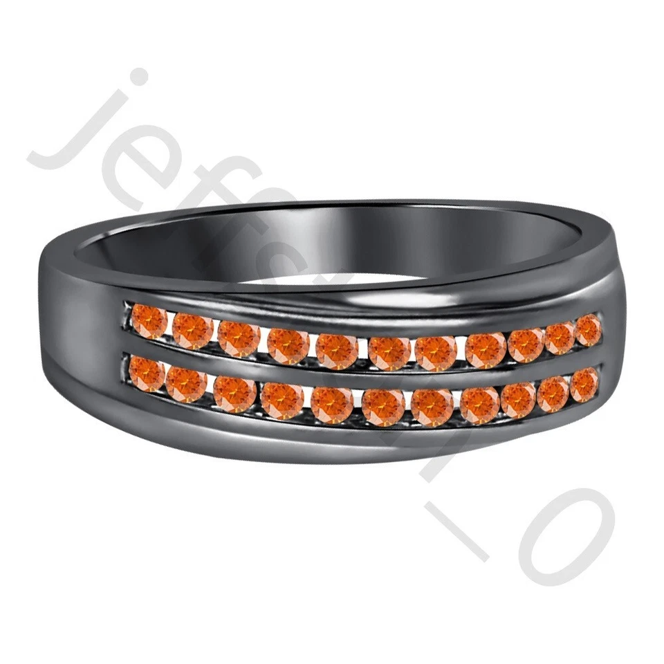 0.90 Ctw Lab Created Fire Opal 14K Black Gold Over Two Rows Band Men's Ring - Image 2 of 4