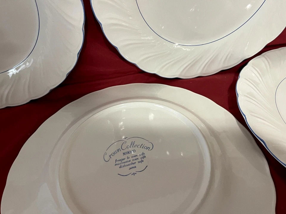Nikko Crown Collection Set Of 5 White Swirl Blue Rim Dinner Plates 10 1/2" Japan - Image 2 of 2