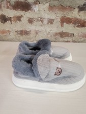 Womens Plush Slippers US 7.5 8.5 Gray Fluffy Fur Lined Cute Bear Good Night