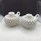 FENTON Vintage MILK GLASS Hobnail Pair of Candle Holders