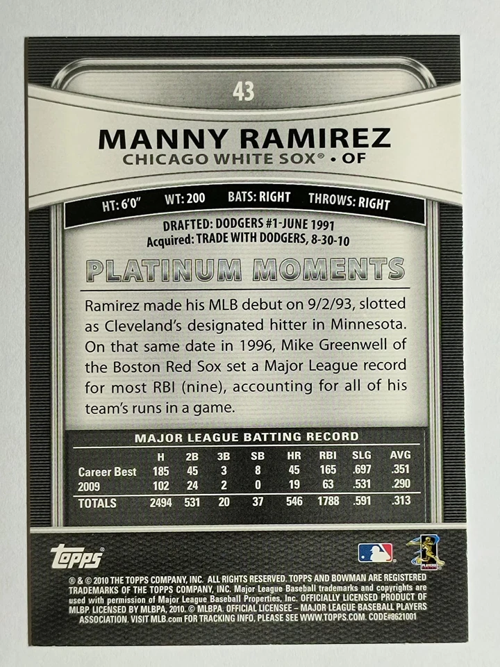 2010 Bowman Platinum #43 Manny Ramirez - Image 2 of 2