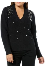 DG2 by Diane Gilman Women's Rhinestone V-Neck Sweater Black