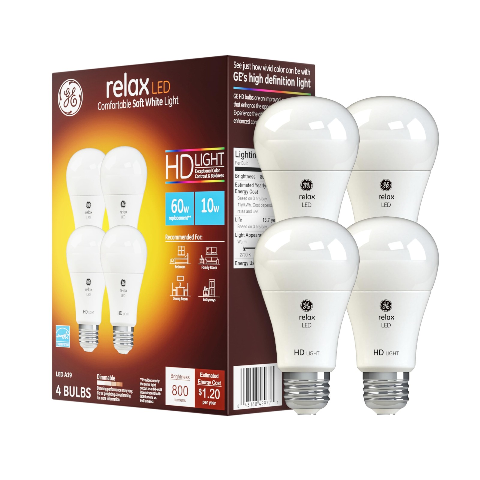 GE Relax LED Light Bulbs, 60 Watt, Soft White, A19 4 Pack