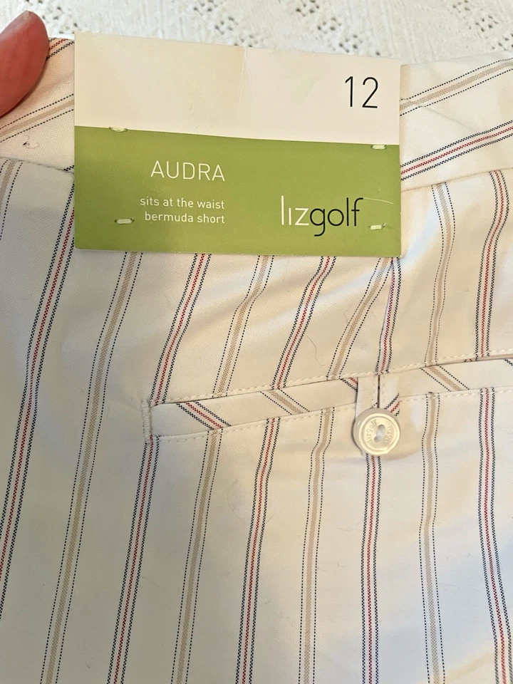 Nuevo Liz Golf Bermudas Pantalones Cortos Talla 12 Audra Blanco con Rayas Algodón Elástico Largo Foto 2 de 4