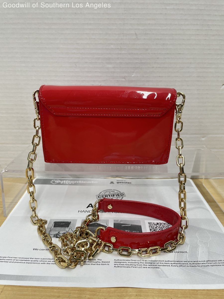 Tory Burch Red Patent Leather Envelope Crossbody Bag Bow Logo Gold Chain Strap thumbnail 4