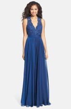 La Femme 20109 Cutout Back Lace Chiffon Gown Sz 2 Ocean Blue