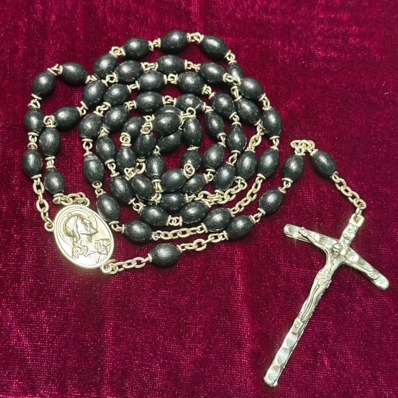 Vintage Smooth Halo Capped Black Wood Bead Catholic Rosary