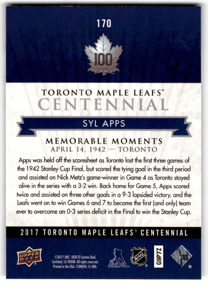 Syl Apps 2017-18 Upper Deck Toronto Maple Leafs Centennial SP #170 - Image 2 of 2