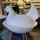 Vintage White Milk Glass Chicken Hen on Nest Covered Bowl Candy Dish 7”