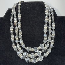 Vintage 3 Strand Glass FauxSeed Pearl Silver Tone Collar Choker Style Necklace