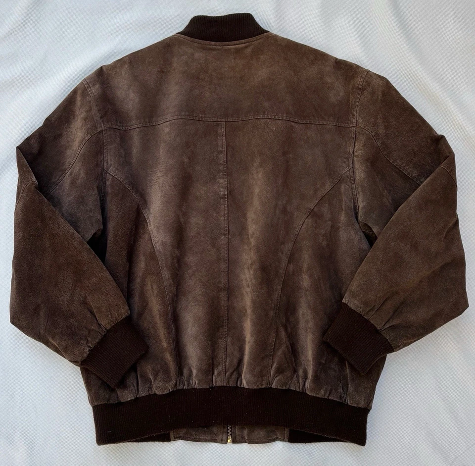Boston Harbour 巧克力棕色麂皮绒皮革轰炸机夹克男式 L 2000s — 第 2/4 张图片