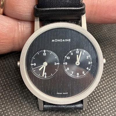 Mondaine Dual Time Swiss Railway Watch 36mm Black Dial Bauhaus Men's Working