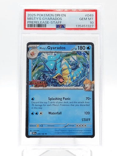 MISTY'S GYARADOS 2025 POKEMON DESTINED RIVALS #049 PRERELEASE STAFF PSA 10 Q3963