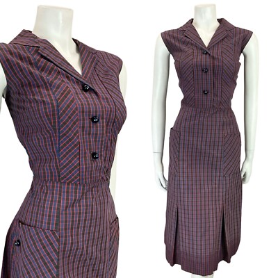 Vintage 60er 70er blau rot schwarz Gingham Kerbe Revers Midi Shirt Kleid mit Taschen 12