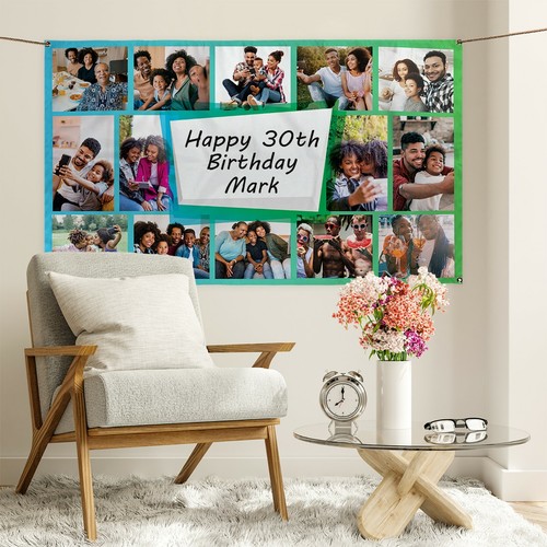 Custom Photo Banner Birthday Party Banner Large Backdrop Blue & Green - Picture 4 of 12